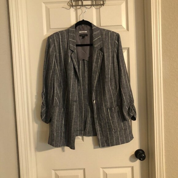 Lane Bryant gray white striped linen blend cinched 3/4 sleeve blazer size 18 - Picture 1 of 6
